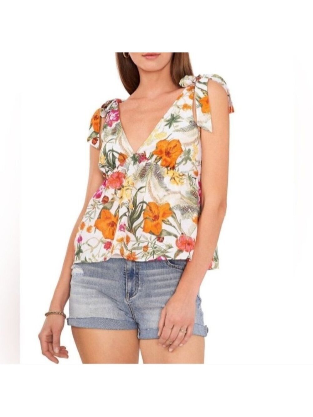 Chelsea & Violet Babydoll Top Boho Beach Summer Floral Tropical Linen Size M